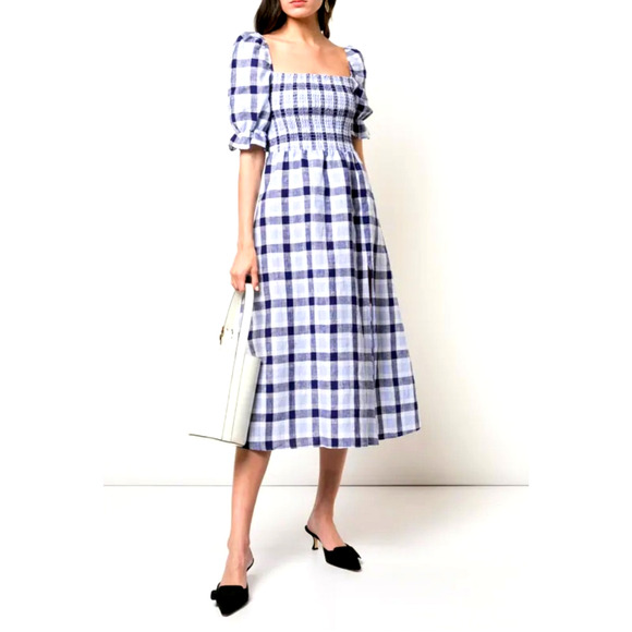 Reformation S Marabella 100% Linen Midi Dress Puff Sleeve Gingham Blue Plaid 4 6 - Picture 2 of 9